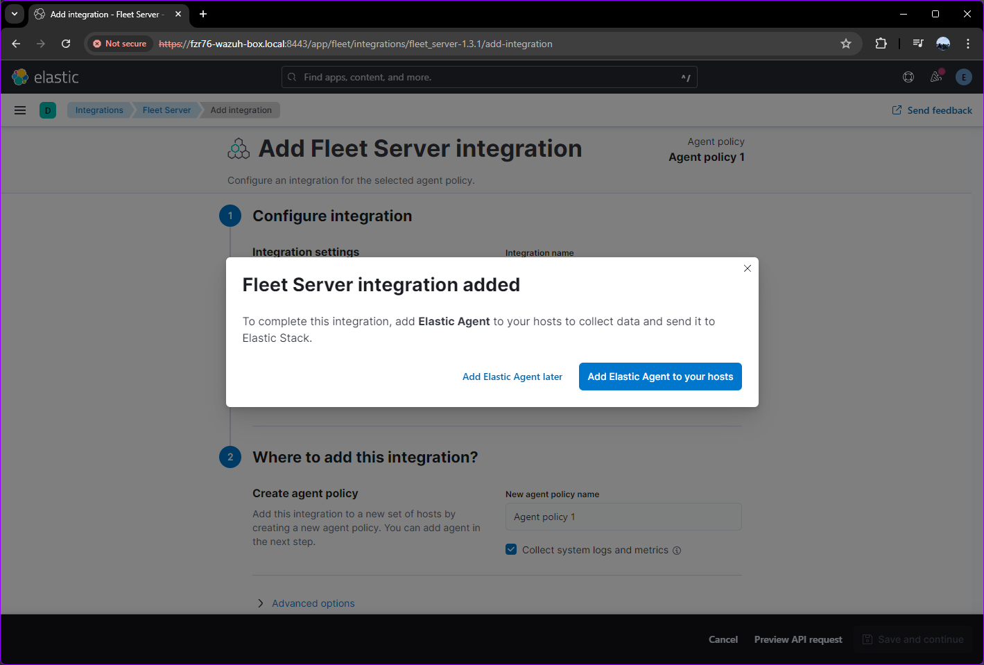 Image showing Fleet Server integration added popup